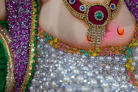 A close up of a person wearing a costume