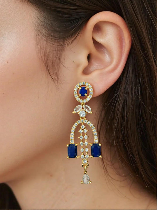 Gold Plated Blue Stone with American Diamond Earring - Garimas