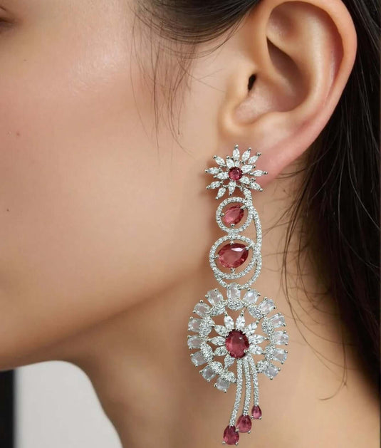 Pink American Diamond Studded Crystal Brass Drops & Danglers - Garimas