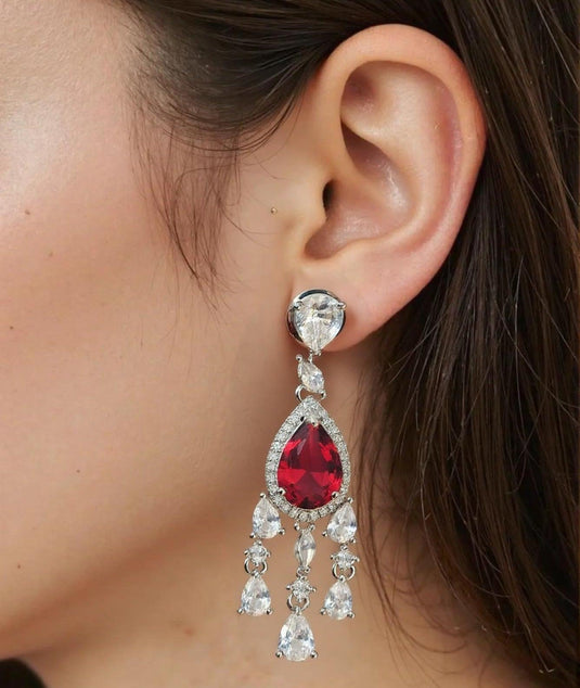 Red Stone with American Diamond studded contemporary drop earrings - Garimas