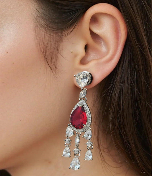 Red Stone with American Diamond studded contemporary drop earrings - Garimas