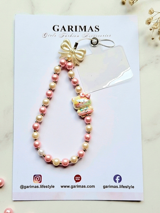 Hello Kitty mobile charm features a glossy beaded wrist strap adorned with an iridescent bow\
