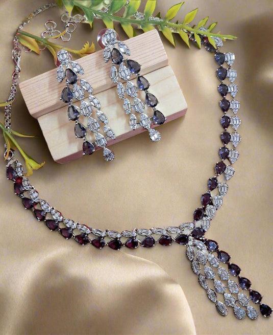 Silver Plated American Diamond Necklace Sets With Purple Stone - Garimas