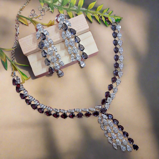 Silver Plated American Diamond Necklace Sets With Purple Stone - Garimas