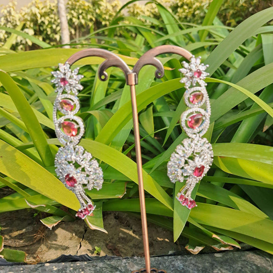 Pink American Diamond Studded Crystal Brass Drops & Danglers - Garimas