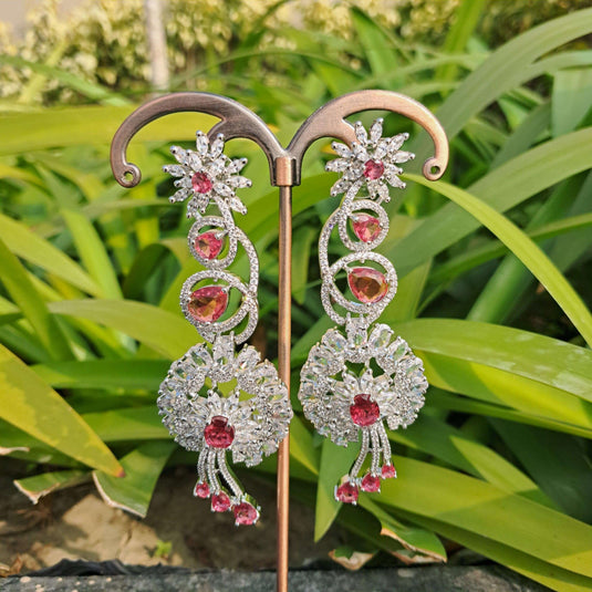 Pink American Diamond Studded Crystal Brass Drops & Danglers - Garimas