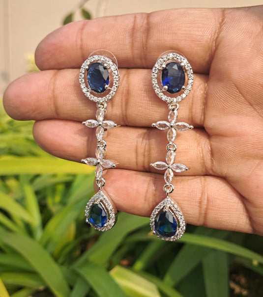 Silver Plated American Diamond Necklace Sets With Blue Stone - Garimas