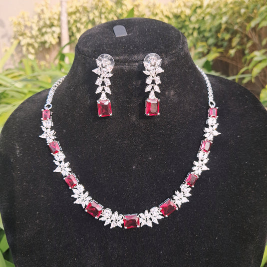 Silver Plated American Diamond Necklace Sets With Red Stone - Garimas