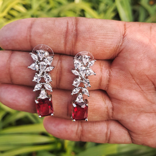 Silver Plated American Diamond Necklace Sets With Red Stone - Garimas