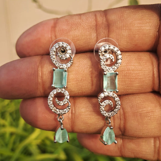 Silver Plated American Diamond Necklace Sets With Aqua Green Stone - Garimas