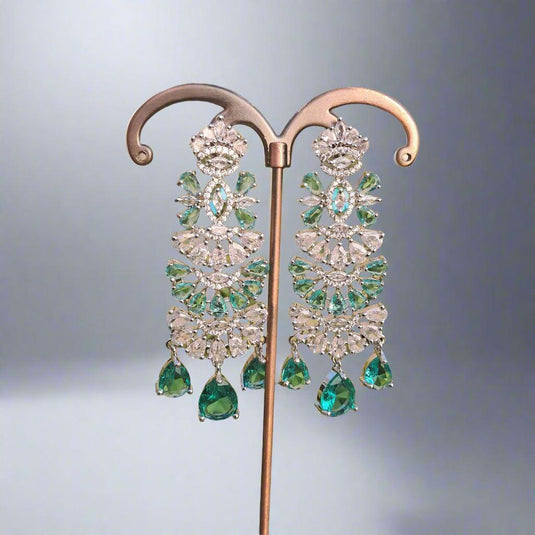 Aqua Green American Diamond Studded Crystal Brass Drops & Danglers - Garimas