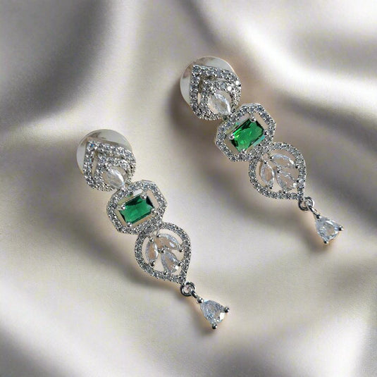 Green Stone with American Diamond Drop Earring - Garimas