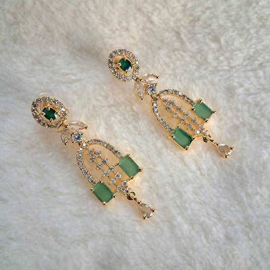 Gold Plated Green Stone with American Diamond Earring - Garimas