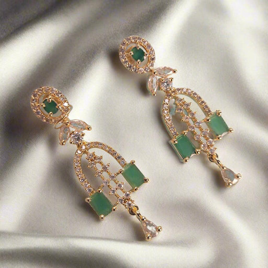 Gold Plated Green Stone with American Diamond Earring - Garimas