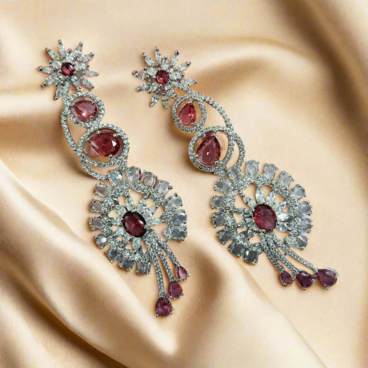 Pink American Diamond Studded Crystal Brass Drops & Danglers - Garimas