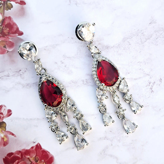 Red Stone with American Diamond studded contemporary drop earrings - Garimas