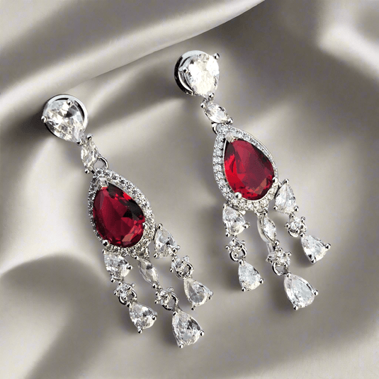 Red Stone with American Diamond studded contemporary drop earrings - Garimas