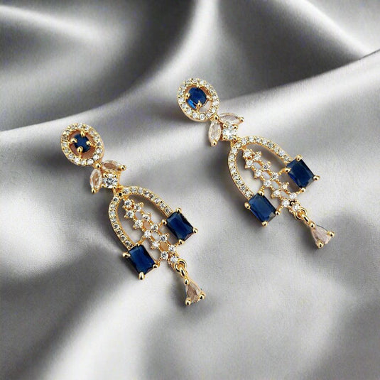 Gold Plated Blue Stone with American Diamond Earring - Garimas