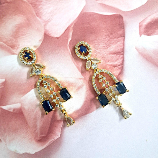 Gold Plated Blue Stone with American Diamond Earring - Garimas