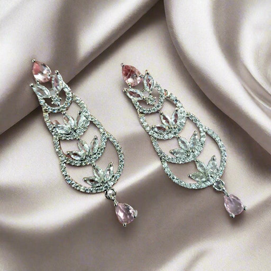 Aqua Pink Stone with American Diamond Earring - Garimas