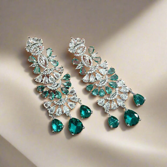 Aqua Green American Diamond Studded Crystal Brass Drops & Danglers - Garimas