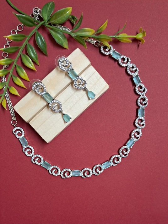 Silver Plated American Diamond Necklace Sets With Aqua Green Stone - Garimas