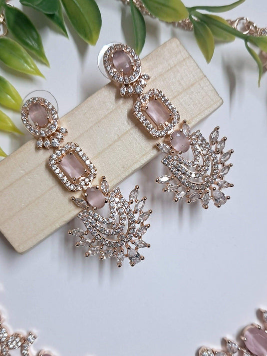 Rose Gold Plated American Diamond Necklace Sets With Pink Stone - Garimas