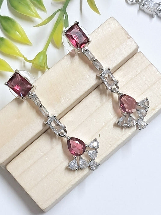 Silver Plated American Diamond Necklace Sets With Pink Stone - Garimas