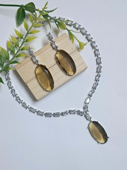 Silver Plated Aqua yellow Stone American Diamond Necklace Sets - Garimas