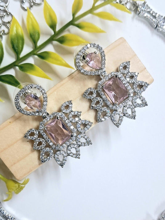 Silver Plated American Diamond Necklace Sets With Aqua Pink Stone - Garimas