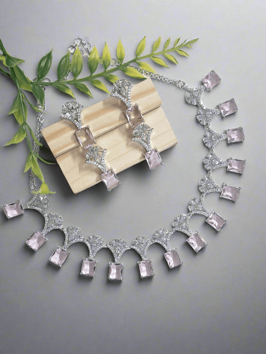 Silver Plated American Diamond Necklace Sets With Aqua Pink Stone | Garimas Lifestyle