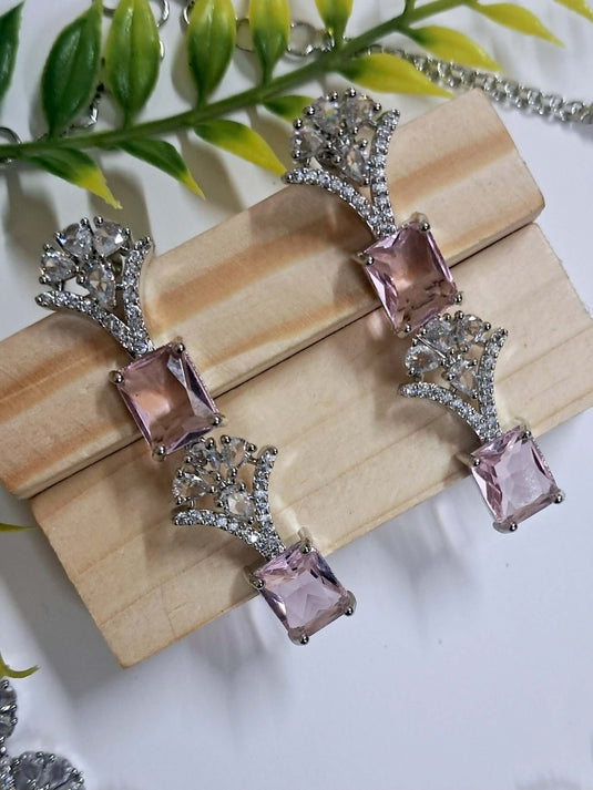 Silver Plated American Diamond Necklace Sets With Aqua Pink Stone - Garimas