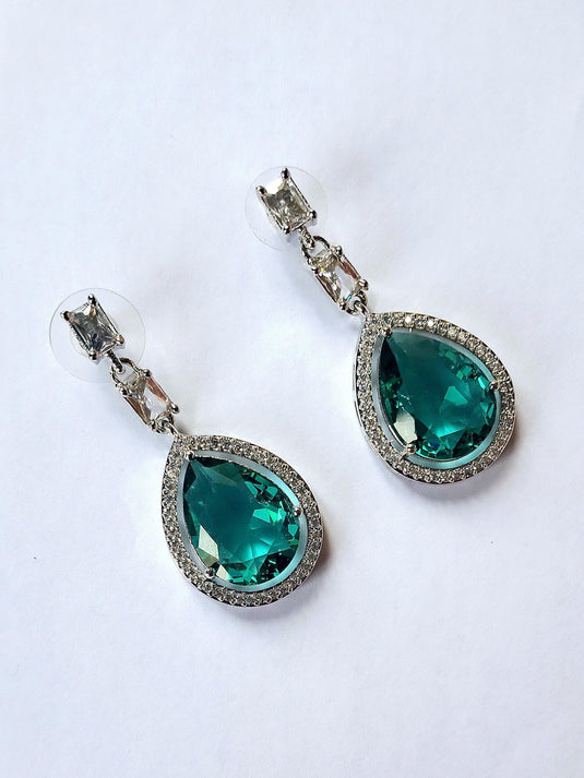Aqua Green Stone American Diamond Brass Drops - Garimas