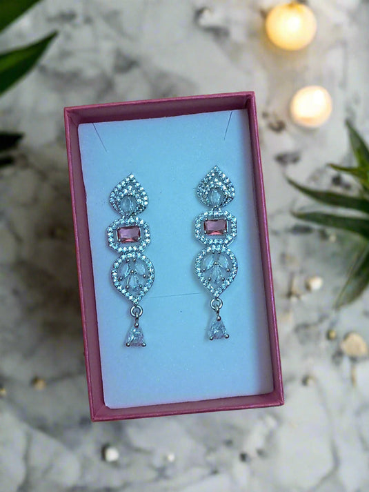 Pink Stone with American Diamond Drop Earring | Garimas