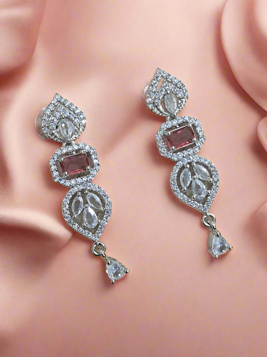 Pink Stone with American Diamond Drop Earring | Garimas