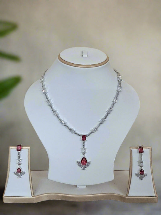 Silver Plated American Diamond Necklace Sets With Pink Stone | Garimas Lifestyle