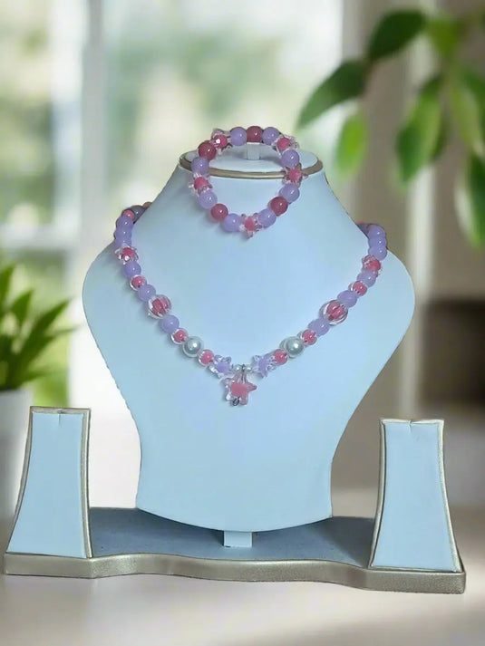 Purple and Pink Glass Beads Necklace and Bracelet Set for Girls | GARIMAS