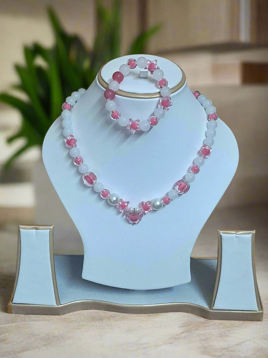 White Pink Glass Beads Necklace and Bracelet Set for Girls | GARIMAS