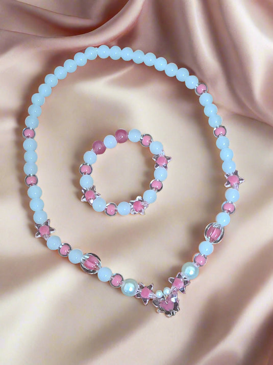 White Pink Glass Beads Necklace and Bracelet Set for Girls | GARIMAS