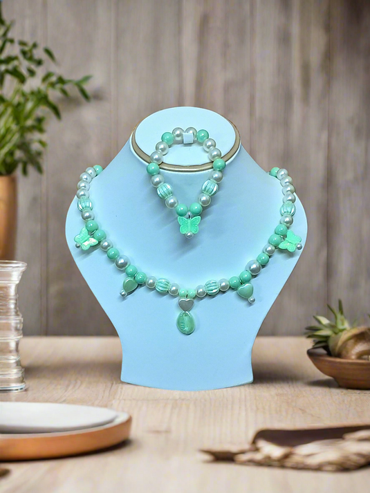 Green Pearl Beads Necklace and Bracelet Set for Girls