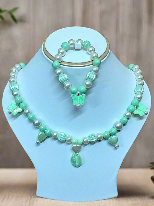 Green Pearl Beads Necklace and Bracelet Set for Girls | GARIMAS