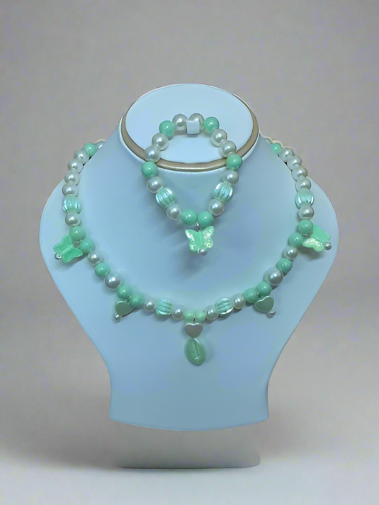 Green Pearl Beads Necklace and Bracelet Set for Girls | GARIMAS
