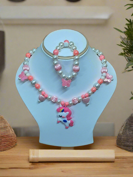 Pink Pearl Beaded Unicorn Necklace and Bracelet Set for Girls | GARIMAS