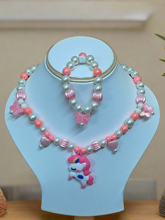 Pink Pearl Beaded Unicorn Necklace and Bracelet Set for Girls | GARIMAS