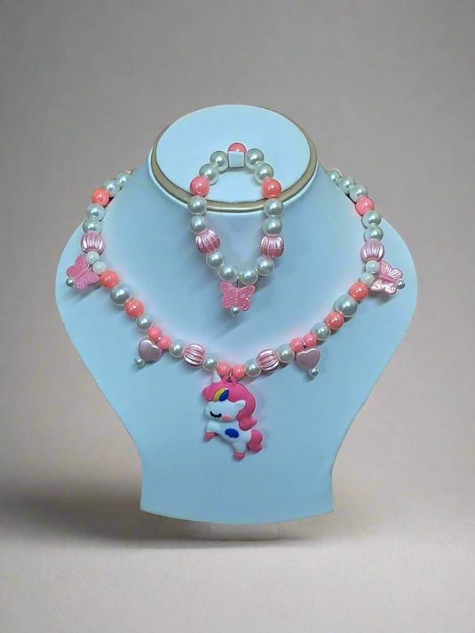 Pink Pearl Beaded Unicorn Necklace and Bracelet Set for Girls | GARIMAS