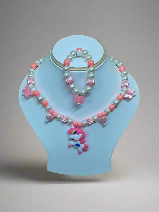 Pink Pearl Beaded Unicorn Necklace and Bracelet Set for Girls | GARIMAS