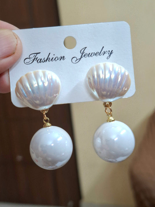 Iridescent Seashell & Faux Pearl Drop Earrings – product image | Garimas