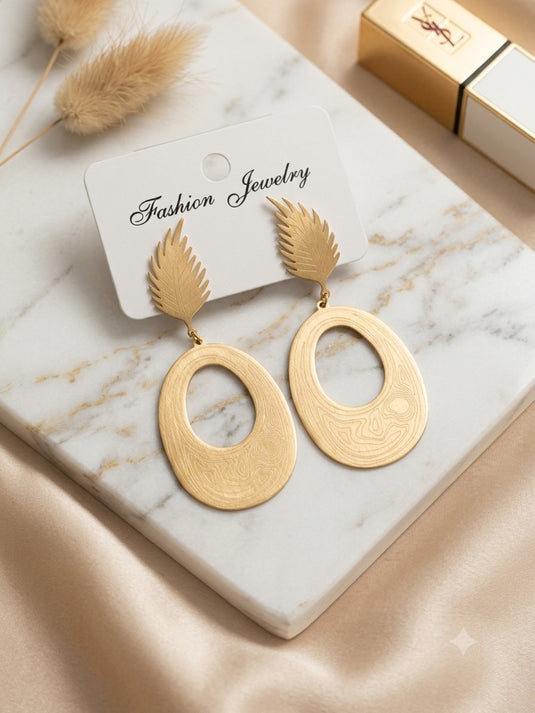 Gold-tone anti-tarnish leaf and oval drop statement earrings