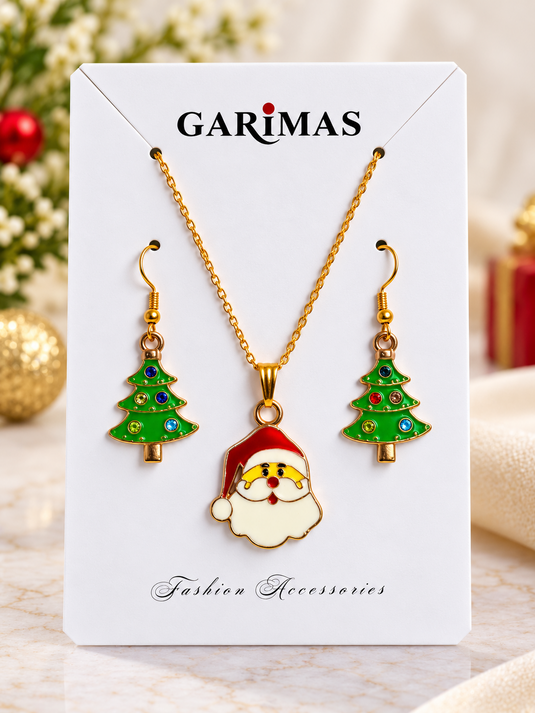 GARIMAS Santa pendant necklace with green Christmas tree dangle earrings