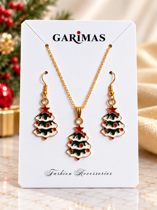 GARIMAS Christmas tree pendant necklace and matching red star tree earrings set